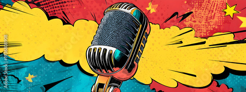 Vintage microphone icon with comic book style explosion background
