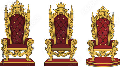 Ornate royal throne set with gold carvings and red velvet upholstery for luxury power and authority concept
