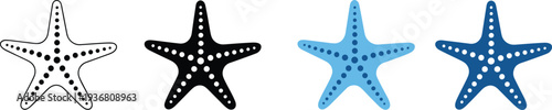 Starfish vector icon set isolated on light background, marine sea star silhouettes in black and blue colors, ocean beach themed illustration