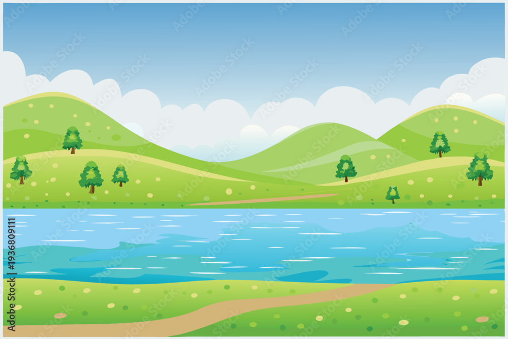 Fototapeta premium Cartoon Landscape River Hills Green Trees Blue Sky Clouds Path