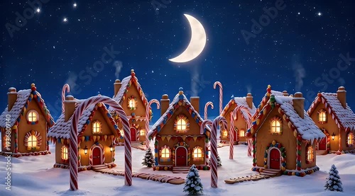 Magical gingerbread village under a starlit sky with crescent moon illustration