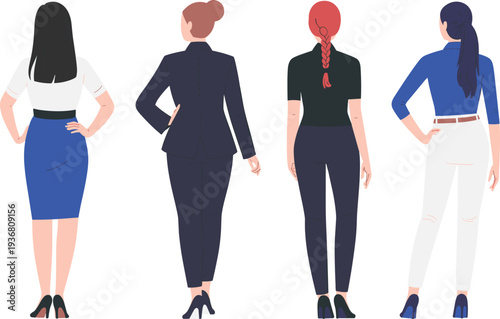 Modern career women standing in stylish formal wear for corporate office life flat vector illustration