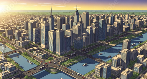 Aerial View of Modern City Skyline with Skyscrapers and Waterways.