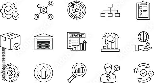 Business Strategy Icon Set Featuring Growth Charts, Logistics Boxes, Global Trade, Data Analysis, Professional Managers, Gear Systems, and Strategic Planning.