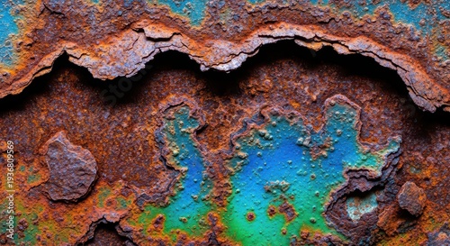 Close view of heavily oxidized metal surface displaying severe corrosion, structural failure, pitting, decay, and environmental damage, abstract, weathered, background