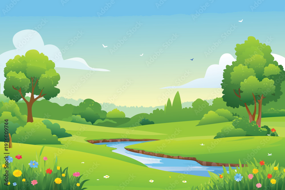 Obraz premium Cartoon Landscape with Winding River Green Hills Trees and Flowers Bright Sky