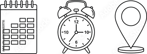 Calendar, Alarm Clock, and Location Pin Map Pointer Icon Set for Schedule Planning, Appointment Reminders, Time Management, and Navigation Services