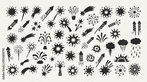 Fireworks celebration silhouette collection. Black icons set - rocket, starburst, spark fountain, explosion comet, flare. Vector linocut style minimalist design elements.