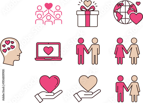 Charity and love icon set featuring community support, global care, romantic couples, gift boxes, and heart symbols for social welfare