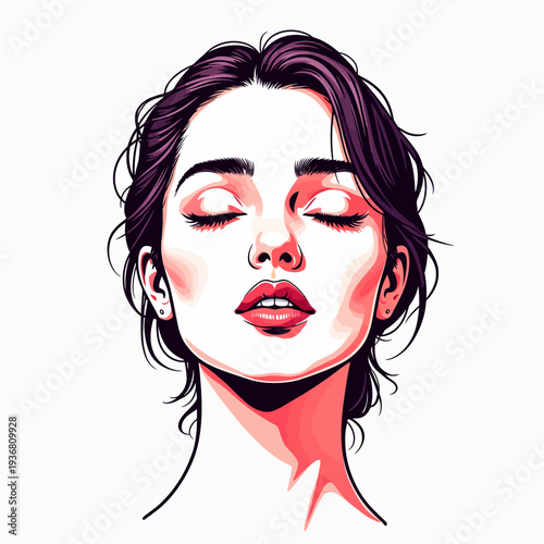 Serene portrait illustration of a beautiful woman with closed eyes for wellness skincare or mindfulness apps. Dreamy and calm feminine face for beauty branding.
