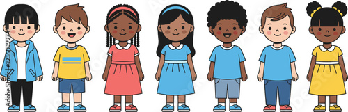 Diverse Cartoon Children Character Set with Multicultural Kids Standing Together Cute School Kids Vector Illustration