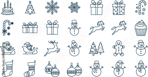 Christmas Line Icon Set Featuring Santa Claus, Snowman, Reindeer, Gift Boxes, Snowflake, Candy Cane, Christmas Tree, Ornaments, and Winter Holiday Symbols, Vector