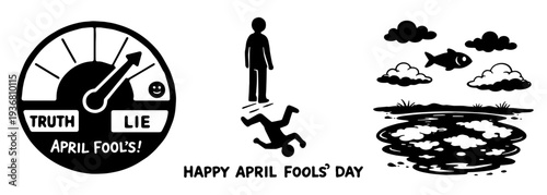 エイプリルフールのユーモアイラストセット（真実と嘘のメーター・落とし穴ジョーク）、April Fools Day humor illustration set with truth lie meter and prank trap