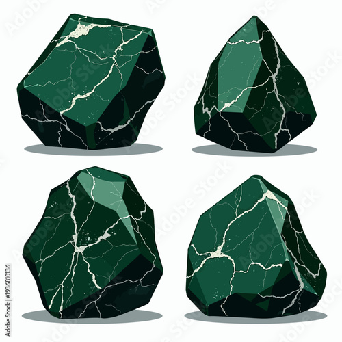 Collection of four dark green textured rocks with natural white marble veins isolated on a white background for earth science and mineralogy themes.
