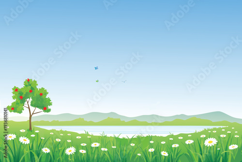 Cartoon Tree with Red Fruit and Daisies by Lakeside Gentle Hills and Blue Sky Stock Illustration