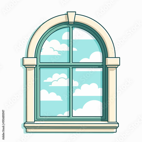 Classic white arched window frame offering a serene view of fluffy clouds in a bright blue sky, an ideal background for home interior design concepts.
