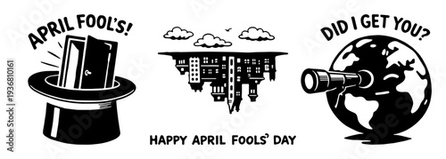 エイプリルフールのユーモアイラストセット（魔法の帽子・逆さ都市・地球のいたずら）、April Fools Day humor illustration set with magic hat upside down city and playful globe