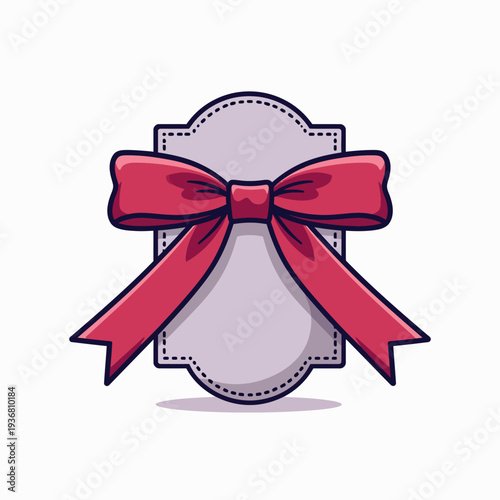 Decorative lavender gift tag featuring a large vibrant red ribbon bow, an ideal graphic element for birthday announcements, holiday labels, and wedding favors.
