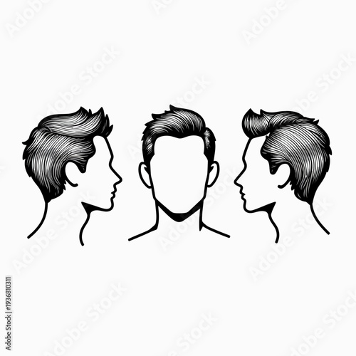 Male haircut model showing front and side profile views for professional barber shop hair styling reference and modern grooming fashion concepts.
