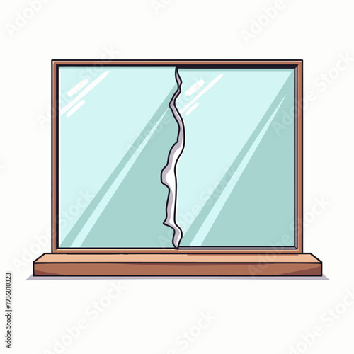 Rectangular wooden window frame with a long vertical crack in the glass pane representing damage repair needs or a metaphor for a broken view.

