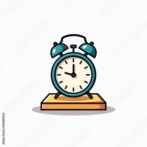 Vintage teal twin bell alarm clock on a wooden stand for morning wake up calls and efficient time management at home office or bedroom environment.
