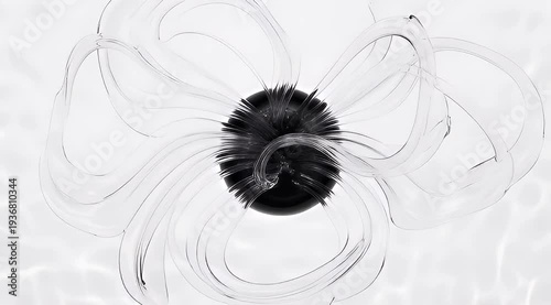 Abstract black glass center with swirling transparent tendrils forming a flower shape