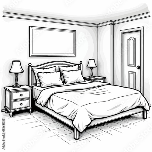 Detailed black and white line art sketch of a classic bedroom interior featuring a comfortable bed lamps and nightstand for home renovation planning.
