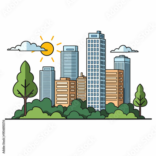 Vibrant flat illustration of a modern city skyline with skyscrapers and green urban parks under a bright sun. Perfect for travel blogs or city maps.
