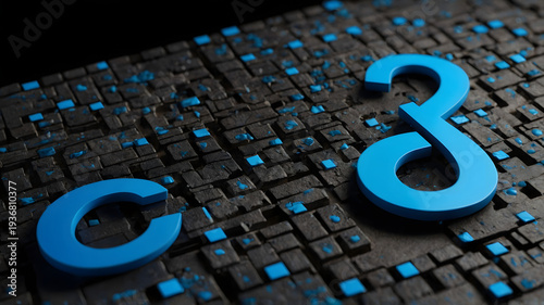 Blue Abstract Number Shapes on Dark Textured Background with Geometric Patterns