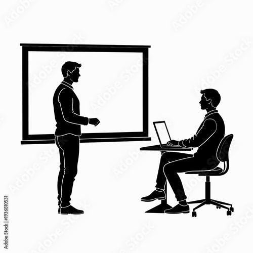 Professional business presentation silhouette featuring a mentor teaching a student using a whiteboard and laptop in a modern minimalist office setting.
