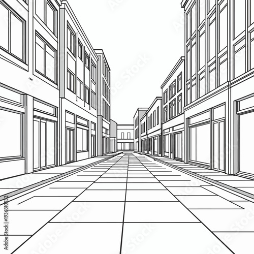 Minimalist black and white line art showing the perspective of an empty metropolitan city street lined with modern glass buildings and storefronts.
