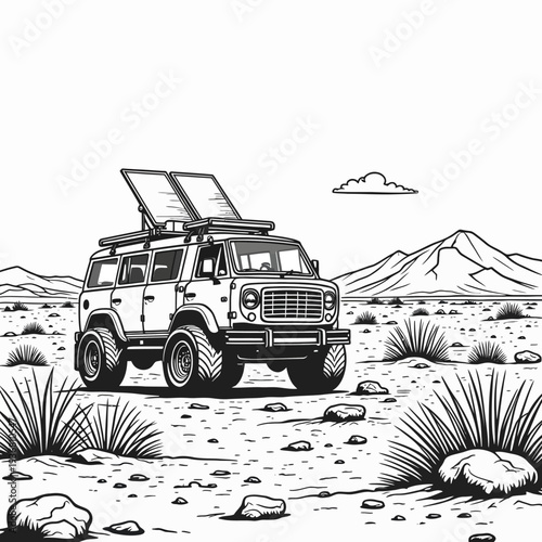 Detailed black and white line art of a rugged off-road camper van with solar panels parked in a vast desert landscape with mountains for adventure themes.
