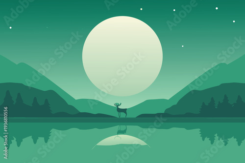 Deer Silhouetted Against Full Moon Over Lake in Mountainous Landscape Night Scene Stock Illustration