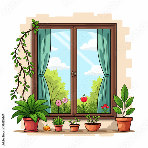 Charming wooden window frame decorated with elegant green curtains and small potted flowers, offering a peaceful view of a lush sunlit garden outdoors.
