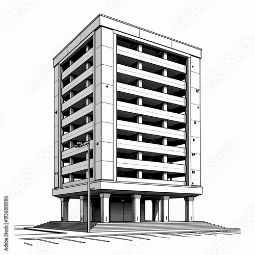Detailed grayscale line art illustration of a modern multi-story office building or apartment block, showcasing clean architectural lines and structure.
