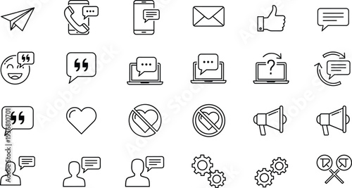Communication Icon Set Featuring Speech Bubbles, Quotation Marks, Megaphones, Envelopes, Like Buttons, Heart Symbols, Gear Settings, Paper Planes, and Laptop Notifications.