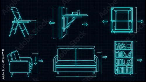 Foldable Furniture Section Views Blueprint Style Neon Cyan Lines Illustration Vector