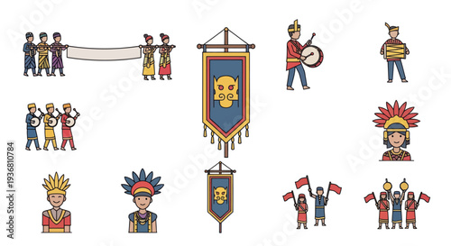 Tribal Celebration Icons: People, Banners, Musicians, Parade