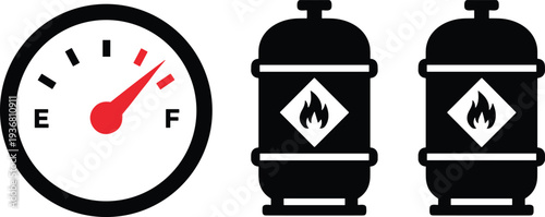 Fuel level gauge and gas cylinder tanks icon set, featuring industrial energy symbols, propane storage, and power measurement for industry.