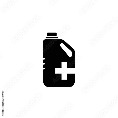 Black silhouette of a chemical bottle with a white plus sign, representing disinfectant or cleaning solution.