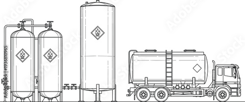 Fuel Storage Tank Farm Illustration Featuring Gas Cylinders, Large Industrial Silo, Fuel Tanker Truck, Flammable Material Symbols, and Logistics Pipeline System