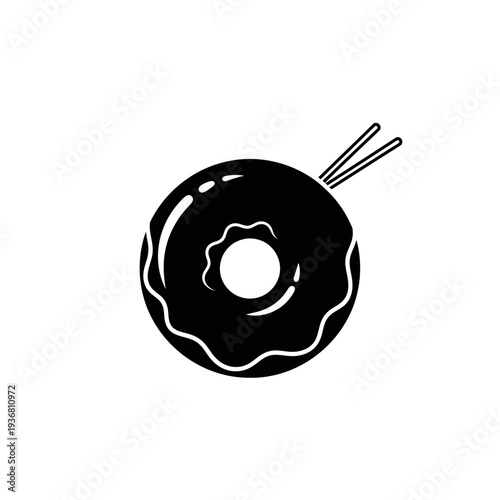 Black Silhouette of a Donut with Chopsticks Isolated on White Background