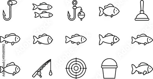 Fishing and Angling Icon Set Featuring Fish Hooks, Fishing Rod, Target, Bucket, Plunger, and Various Fish Species in Minimalist Line Style