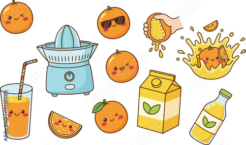 Cute kawaii orange juice characters set with electric juicer and citrus slices for healthy beverage and cafe branding