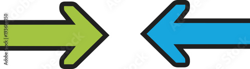 Green and Blue Directional Arrows Pointing Inward Toward Each Other, Vector Illustration for Opposing Forces, Meeting Point, Conflict, or Collaboration