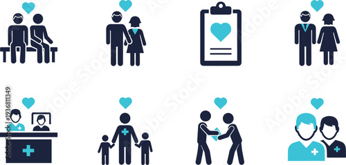 Healthcare and Social Support Icon Set Featuring Medical Professionals, Family Care, Community Volunteering, Patient Consultation, Charity Donation, and Wellness Heart Symbols