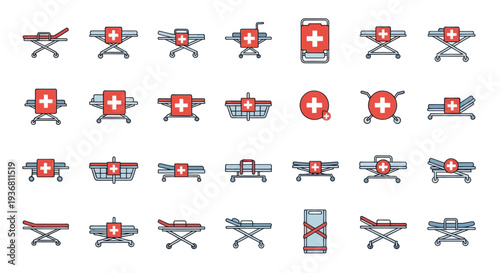 Medical Stretcher Icons Set: Hospital Transport, Emergency, Healthcare Equipment Collection