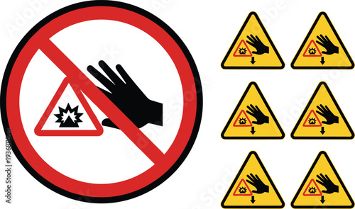 Industrial safety warning sign set featuring red prohibition circle and yellow triangles for explosive hazard, hand crushing danger, and workplace caution.