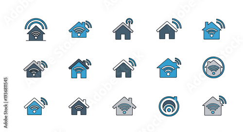 Smart Home Icons: Connected Houses with WiFi Signals