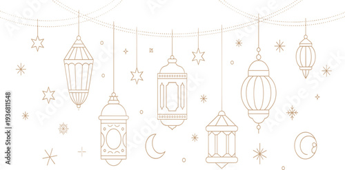 Decorative Ramadan lanterns with crescent moon and stars hanging vector illustration for Islamic holiday celebration design